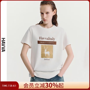 HAVVA短袖 T7921 t恤女士ins潮宽松字母印花黑色半袖 上衣2025春夏季