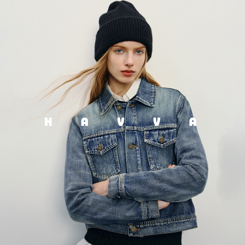 HAVVA高级感做旧短款牛仔外套正肩修身女士上衣2026春季W3-19360,女装/女士精品,短外套,淘宝优惠券,粉丝福利购,淘宝优惠卷