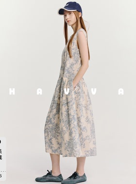 HAVVA法式无袖高腰抽褶中长款高支精梳棉印花连衣裙2026夏Q3-6562