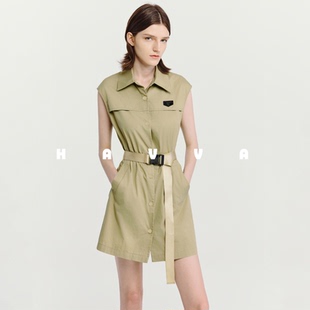 HAVVA可叠穿翻领无袖衬衫连衣裙短款带腰带女士裙子2025夏Q3-0781