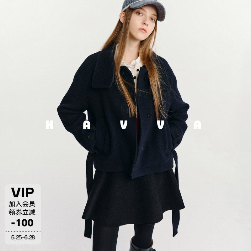 HAVVA慵懒风短款单排扣毛呢外套舒适保暖女士上衣2025冬季N3-4098