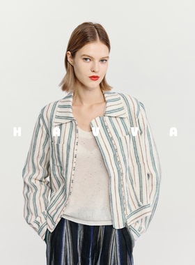 HAVVA翻领美学拼色条纹短外套宽松显瘦女士上衣2026春季W3-4932