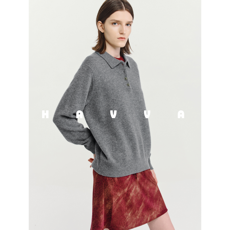 HAVVA复古翻领宽松针织衫纽扣门襟柔软女士毛衣2025年冬季M3-4817