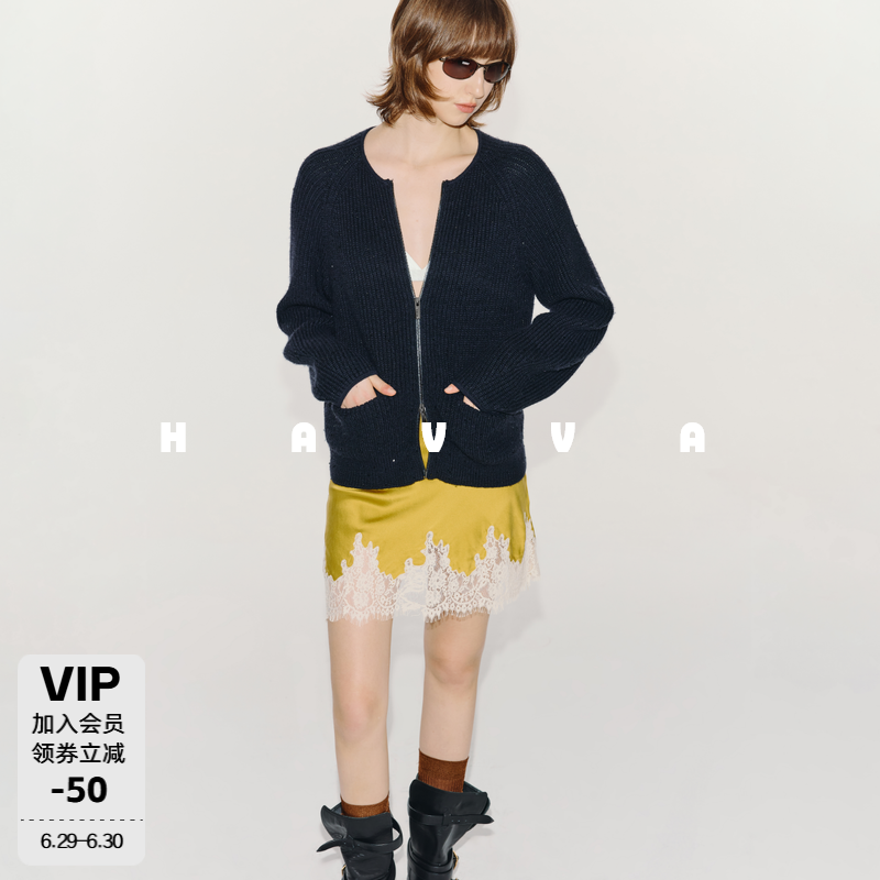 HAVVA慵懒感亮片嵌织针织开衫舒适保暖圆领女士毛衣2025冬L3-2815
