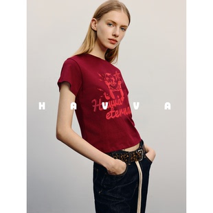 2025夏T3 HAVVA印花圆领短袖 长绒棉女士半袖 短款 11610 T恤正肩修身