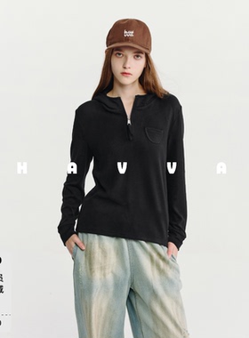HAVVA加绒加厚拉链套头连帽卫衣弹力女士内搭上衣2026春季V3-5264