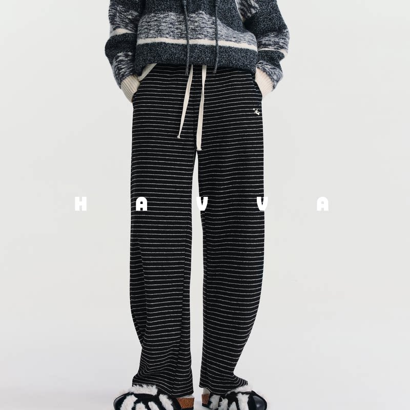 HAVVA条纹抽绳阔腿休闲裤加绒加厚宽松女士裤子2026春季KX3-5162 - havva旗舰店出品