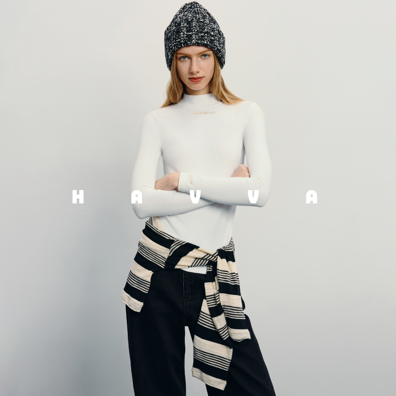 HAVVA修身半高领长袖T恤打底衫高弹绒感女士上衣2026春季T42945,女装/女士精品,T恤,淘宝优惠券,粉丝福利购,淘宝优惠卷