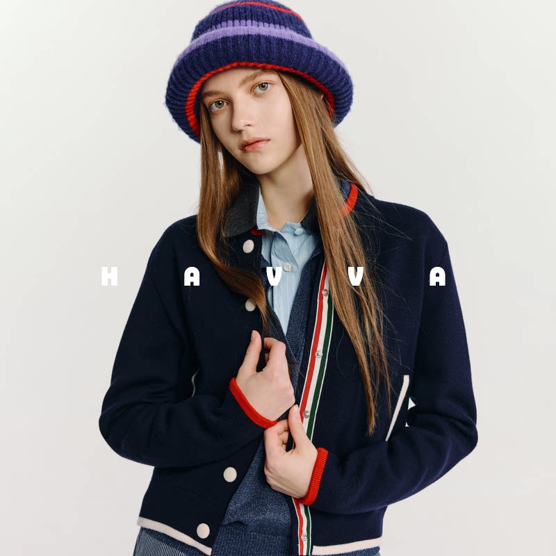 HAVVA圆领单排扣针织开衫撞色条纹装饰女士外套2026春季L3-2776 - havva旗舰店出品