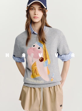 HAVVA休闲卡通提花半袖毛衣女士套头针织衫上衣2025秋冬季M3-0556