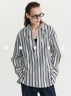 HAVVA大V领宽条纹长袖休闲衬衫宽松舒适好穿女上衣2026春C3-4313