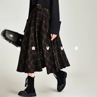 HAVVA高级感经典 高腰显瘦女裙子2025秋冬S96920 格纹半身裙中长款