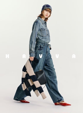 HAVVA水洗宽松廓形牛仔长袖衬衫女落肩袖显瘦上衣2026年春C3-0792