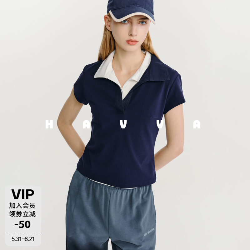 HAVVA高智感学院风半开襟正肩短款女Polo衫短袖T恤2026夏T3-6882