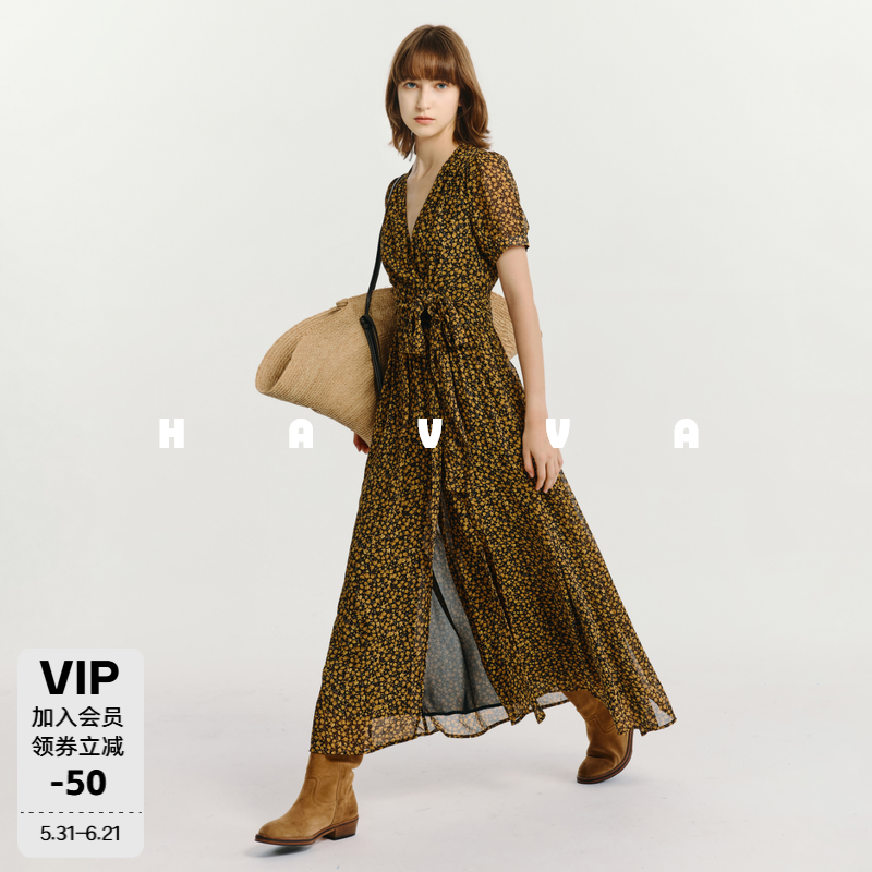 HAVVA收腰显瘦V领碎花连衣裙交叉绑带长款女士裙子2026夏季Q22090