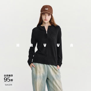 HAVVA加绒加厚拉链套头连帽卫衣弹力女士内搭上衣2026春季V3-5264