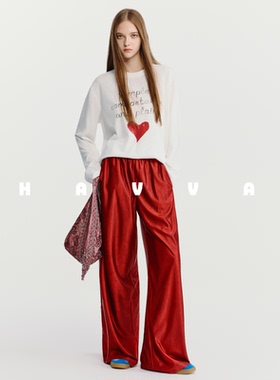 HAVVA宽松印花圆领长袖T恤女慵懒感打底内搭上衣2026春季T3-3989