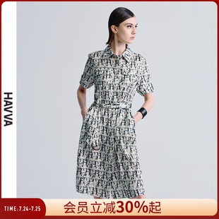 Q1580 HAVVA字母印花衬衫 式 翻领短袖 连衣裙带腰带女士裙子2025夏季