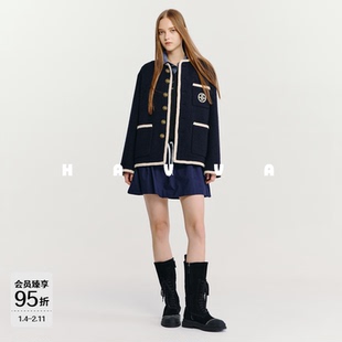 HAVVA设计感拼色短款毛呢外套舒适保暖女士开衫上衣2025冬N3-2891
