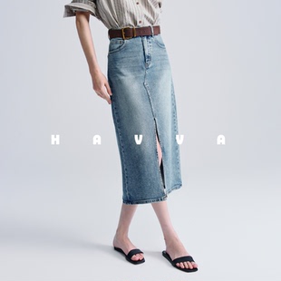 HAVVA水洗磨白前后开叉直筒牛仔半身裙棉润女裙子2026春S3-32690