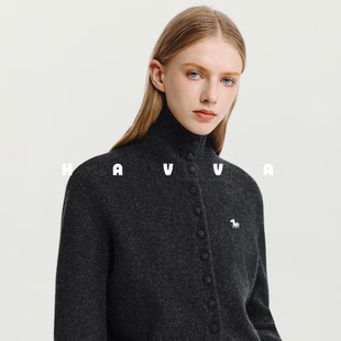 HAVVA翻领修身单排扣针织开衫短款可叠搭女毛衣2025年秋季L3-4612