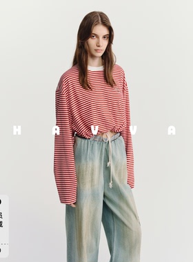 HAVVA松弛感条纹长袖T恤弹力宽松舒适柔软女上衣2026春季T3-4324