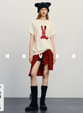 HAVVA可翻面珠片绣刺绣中长款圆领宽松短袖女士T恤2026夏T3-1454