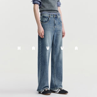 HAVVA显腿长直筒加绒加厚牛仔裤舒适保暖女士裤装2025冬KH3-3864