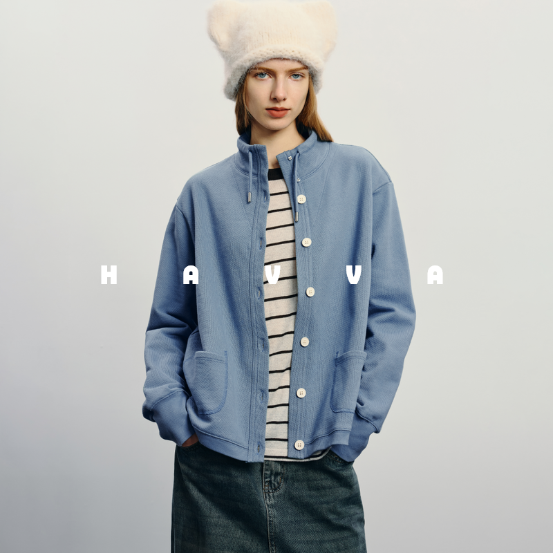 HAVVA秋季短外套宽松小众蓝开衫