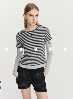 HAVVA设计感假两件条纹长袖T恤修身显瘦女士上衣2026春季T3-4682