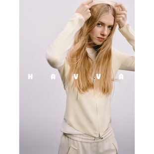HAVVA叠搭好穿双开拉链连帽毛衣开衫打底女上衣2025秋冬L3-03640