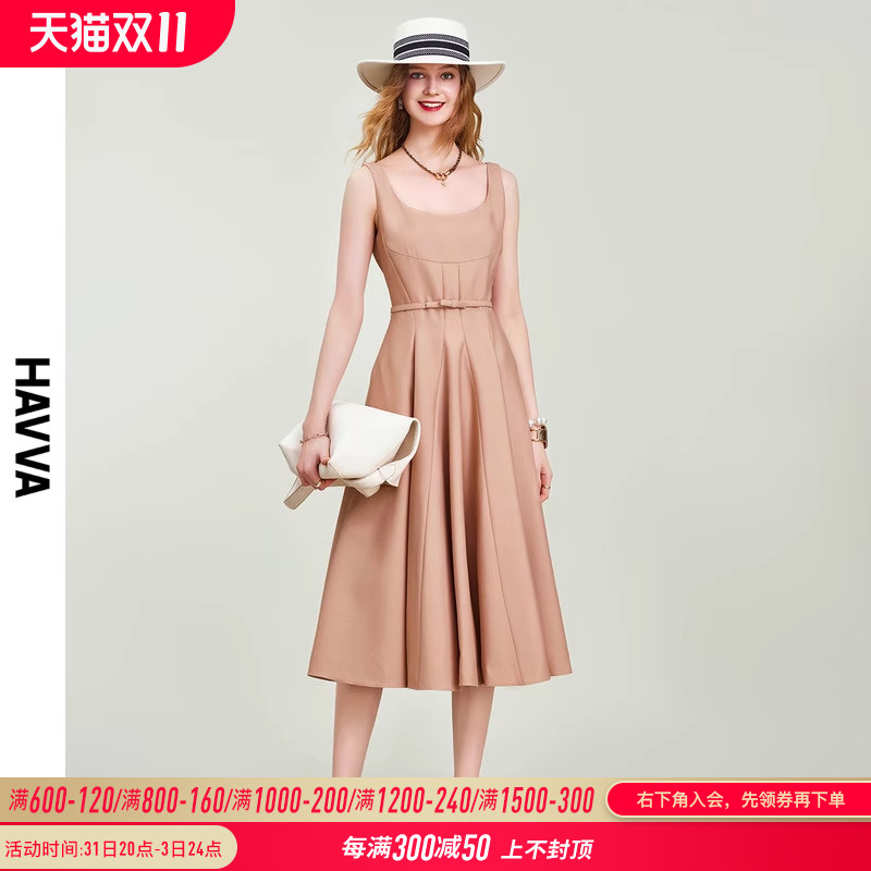 HAVVA2023夏季新款无袖连衣裙女气质方领收腰a字裙背心裙子Q2569
