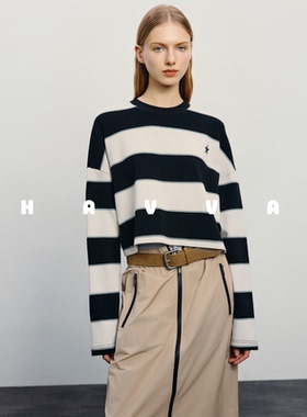 HAVVA棉润舒适松弛感宽条纹短款长袖T恤女打底衫2025秋季T3-2958