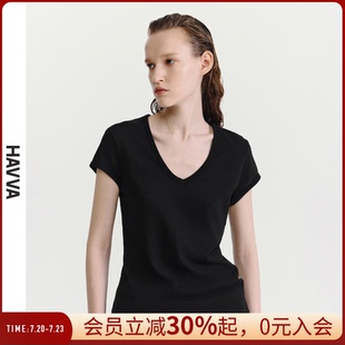 ins风上衣2025春夏T9388 HAVVA短袖 t恤女修身 显瘦短款 气质v领半袖