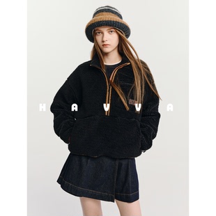 HAVVA设计感拼色半拉链仿生皮草外套女绒感保暖上衣2025冬P3 0262
