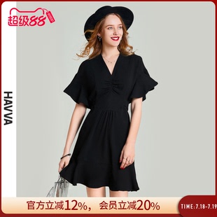 HAVVA修身 Q55121 顯瘦v領系帶連衣裙女通勤設計感小眾裙子2025夏季