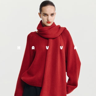 HAVVA宽松慵懒感软糯毛衣配围巾女士套头针织衫上衣2025冬M3-4356