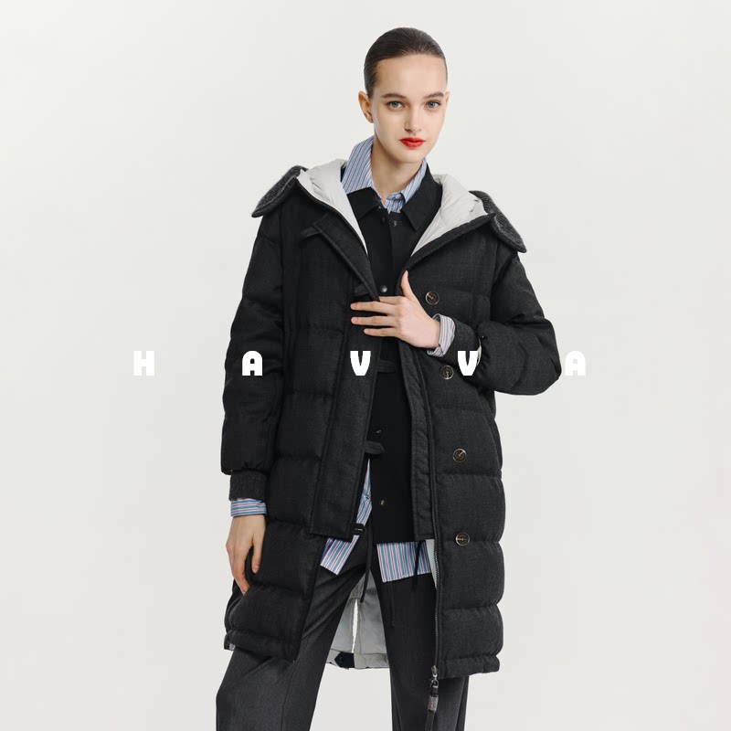 HAVVA拼接针织帽檐中长款加厚羽绒服保暖女士外套2025冬季Y3-2529