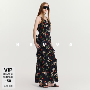 HAVVA碎花V领吊带裙荷叶边修身鱼尾及踝露背连衣裙2026夏Q3-3633
