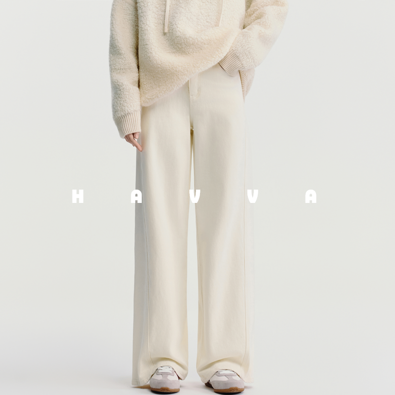 HAVVA休闲老钱感加绒加厚直筒牛仔裤女小众裤子2025冬季KH3-3909