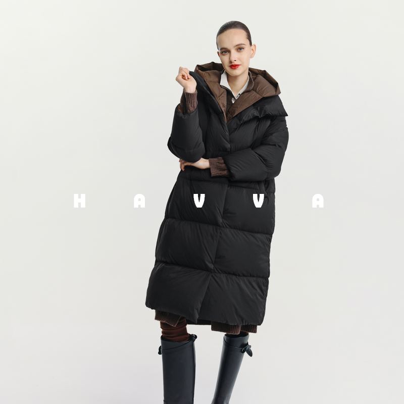 HAVVA假两件高充绒量加厚羽绒服中长款连帽女士外套2025冬Y3-2648