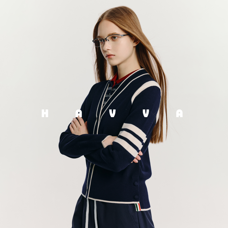 HAVVA美学撞色V领长袖针织开衫保暖舒适女士上衣2025秋冬L3-2768