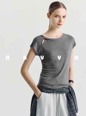 HAVVA设计感镂空扭结短袖T恤弹力舒适女士半袖上衣2025夏T3-3475
