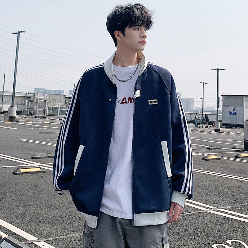 立领卫衣男春秋季2026新款美式休闲条纹宽松上衣潮牌拉链开衫外套