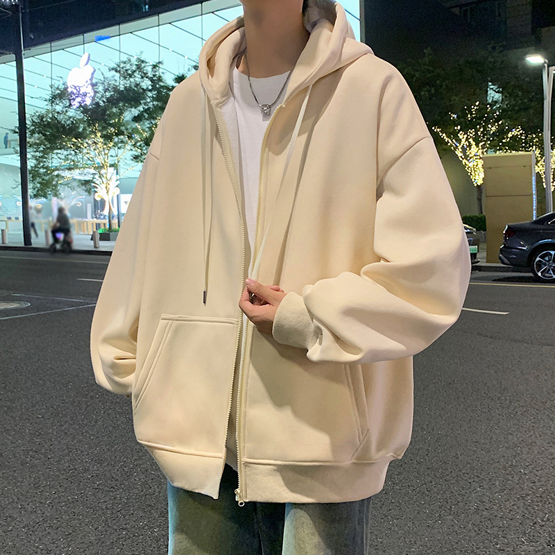 拉链开衫卫衣男秋冬季新款纯色宽松连帽上衣ins潮流美式休闲外套
