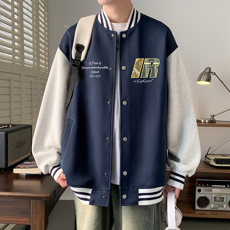 立领夹克男春秋季新款单排扣开衫休闲外套oversize美式男装上衣服