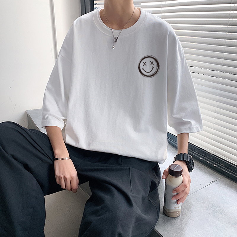 夏季港风t恤男宽松衣服ins潮牌短袖2024新款潮流笑脸半袖男装体恤