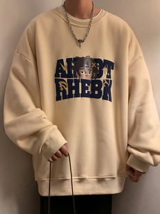 发泡印花圆领卫衣男秋冬季2026新款潮牌打底衫宽松港风复古上衣服