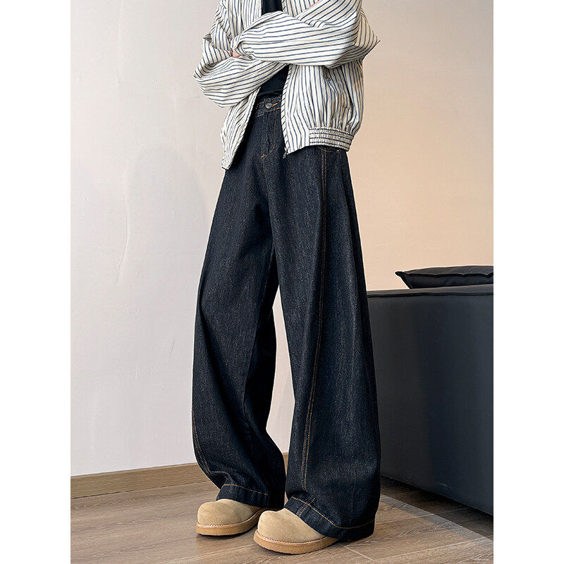 大码美式黑色弯刀牛仔裤男ins秋冬季2026新款复古休闲阔腿长裤子