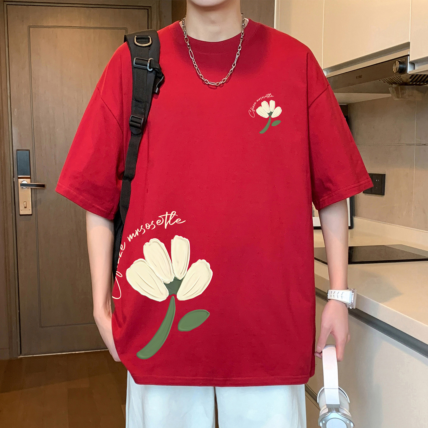 美式休闲花卉短袖T恤男夏季新款宽松圆领半袖大码印花打底衫体恤